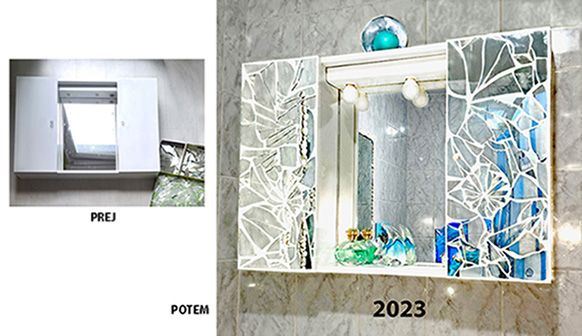 Viseča kopalniška omarica, prenovljena z mozaikom iz koščkov ogledal