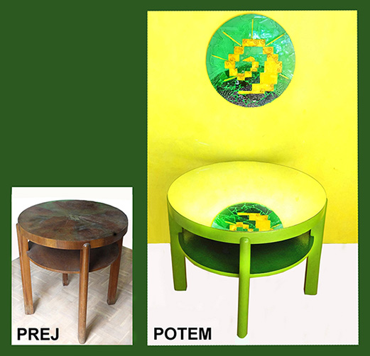 Stara mizica ima skrajšane noge, pobarvana je v dva različna zelena odtenka, Na zgornjo ploskev je prilepljeno ogledalo.