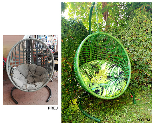 Okrogli, viseči, vrteči se vrtni stol.